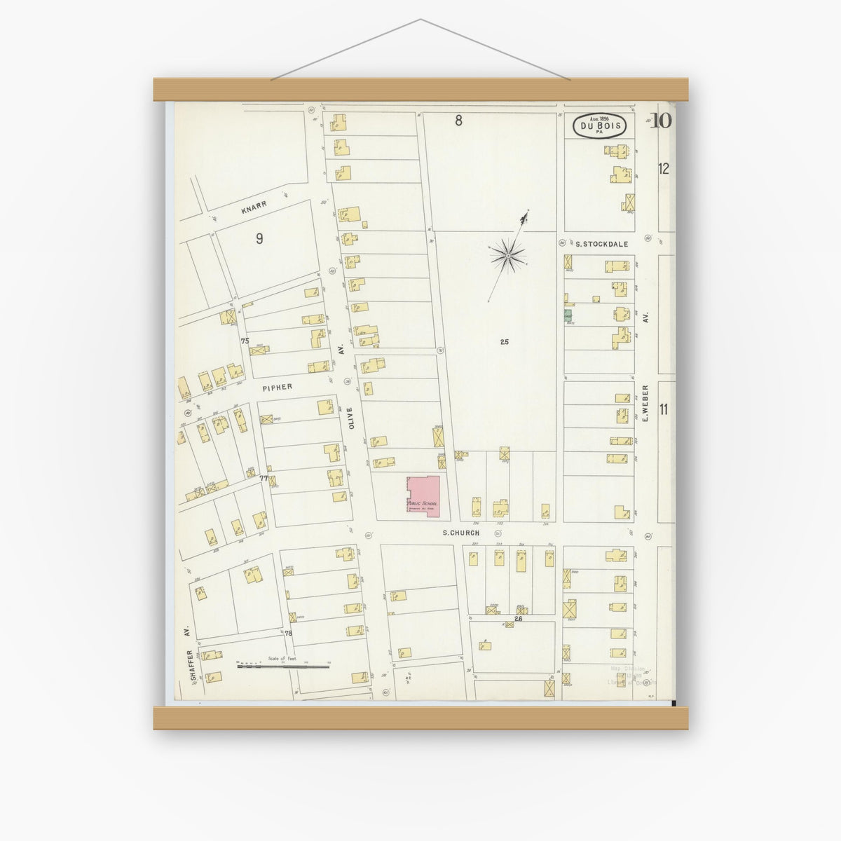 Old map wall art mockup — magnetic wood frame on white wall — Sanborn Fire Insurance Map from Du Bois, Clearfield County, Pennsylvania (1896), Sheet #0010