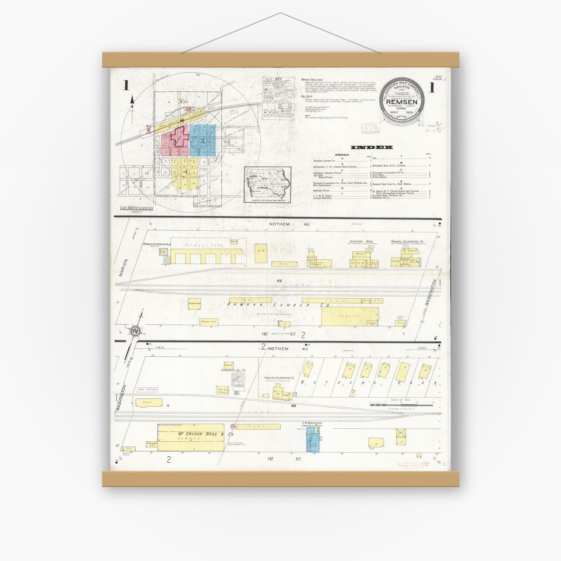 Old map wall art mockup — magnetic wood frame on white wall — Sanborn Fire Insurance Map from Remsen, Plymouth County, Iowa (1929), Sheet #0001