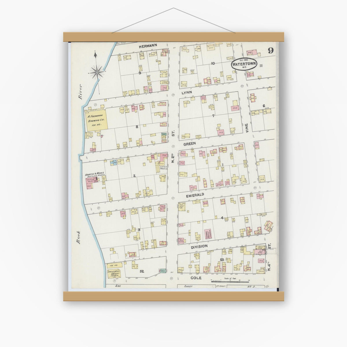 Old map wall art mockup — magnetic wood frame on white wall — Sanborn Fire Insurance Map from Watertown, Jefferson County, Wisconsin (1890), Sheet #0009