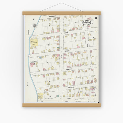Old map wall art mockup — magnetic wood frame on white wall — Sanborn Fire Insurance Map from Watertown, Jefferson County, Wisconsin (1890), Sheet #0009
