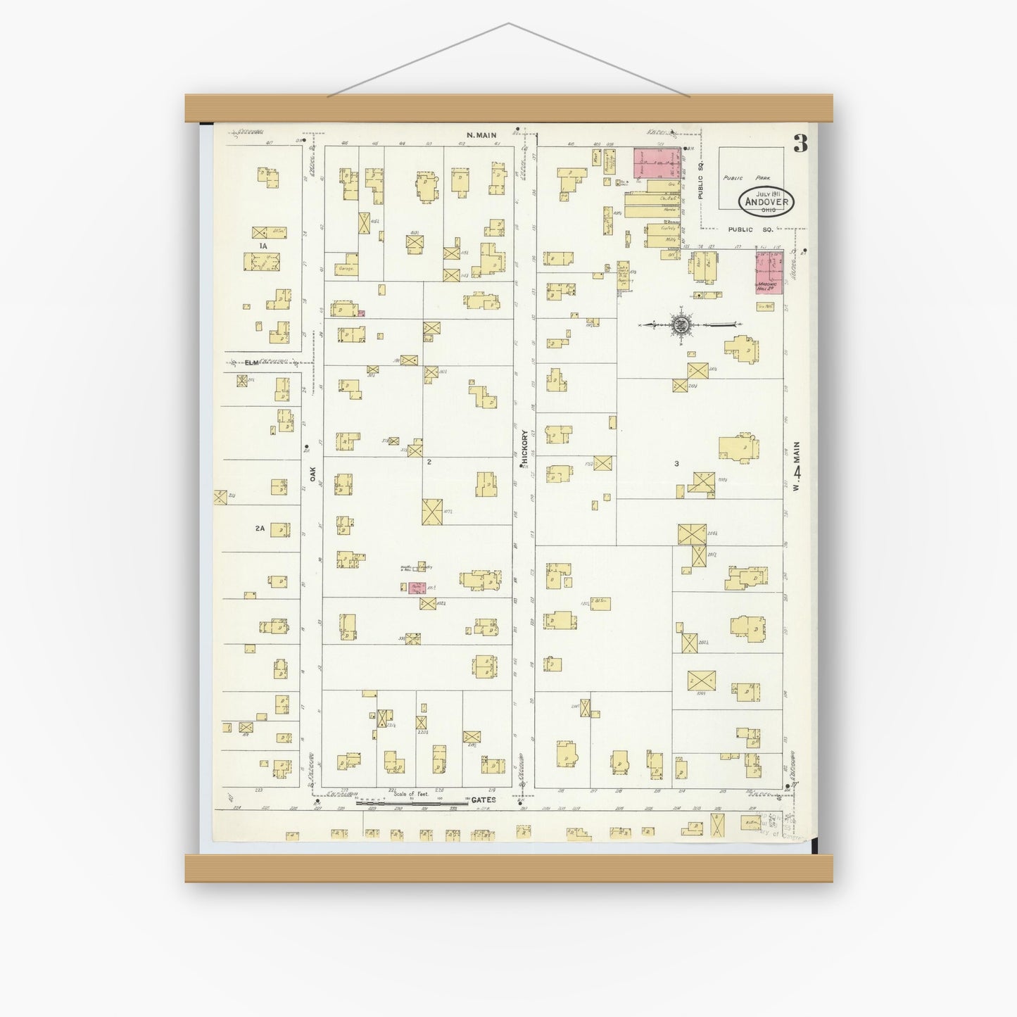 Old map wall art mockup — magnetic wood frame on white wall — Sanborn Fire Insurance Map from Andover, Ashtabula County, Ohio (1911), Sheet #0003