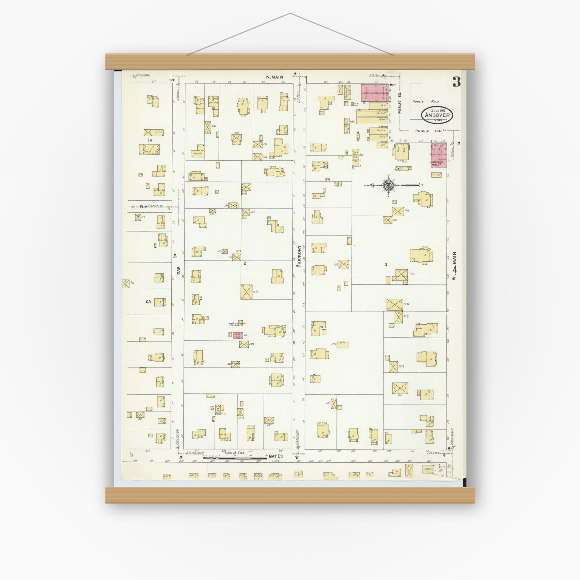 Old map wall art mockup — magnetic wood frame on white wall — Sanborn Fire Insurance Map from Andover, Ashtabula County, Ohio (1911), Sheet #0003