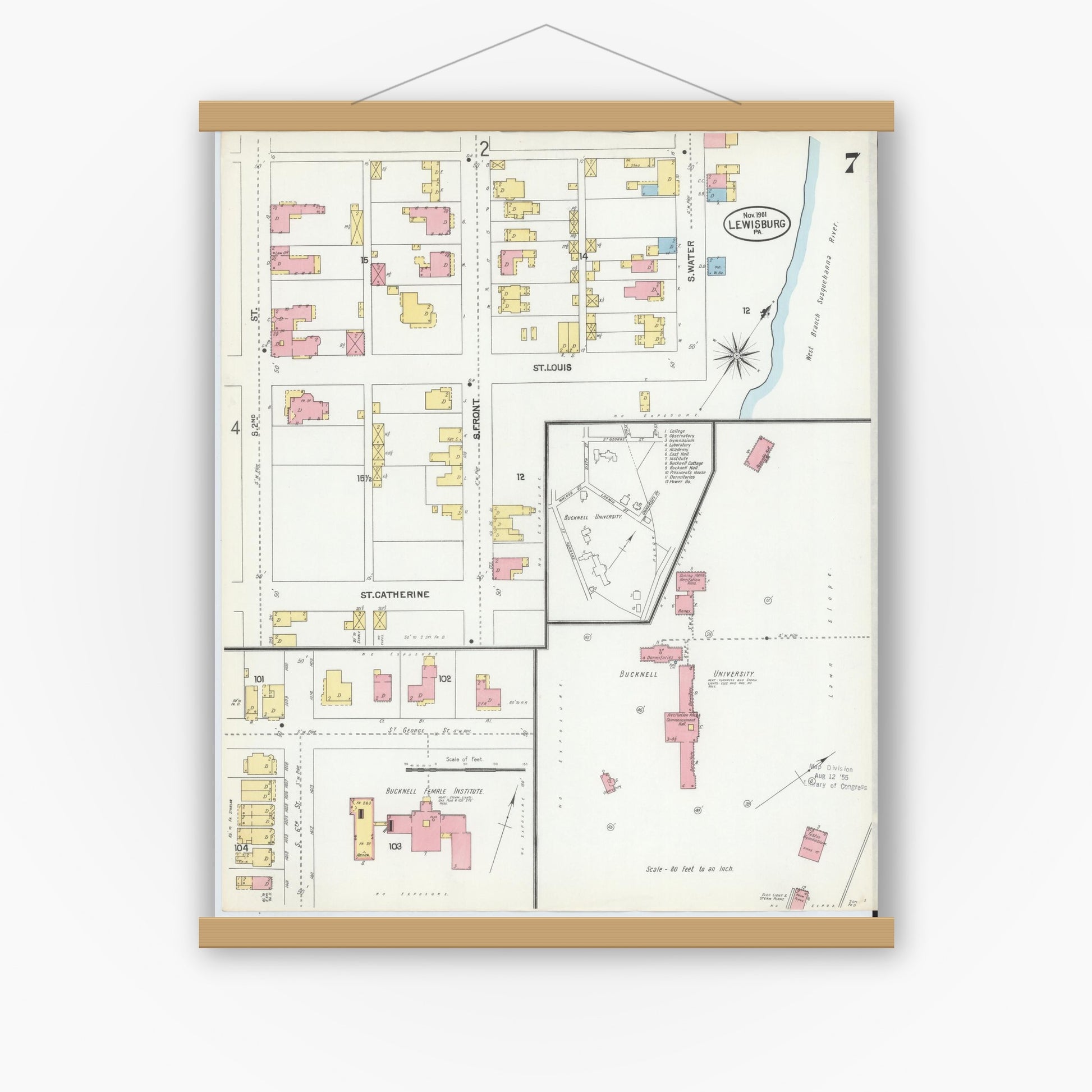 Old map wall art mockup — magnetic wood frame on white wall — Sanborn Fire Insurance Map from Lewisburg, Union County, Pennsylvania (1901), Sheet #0007