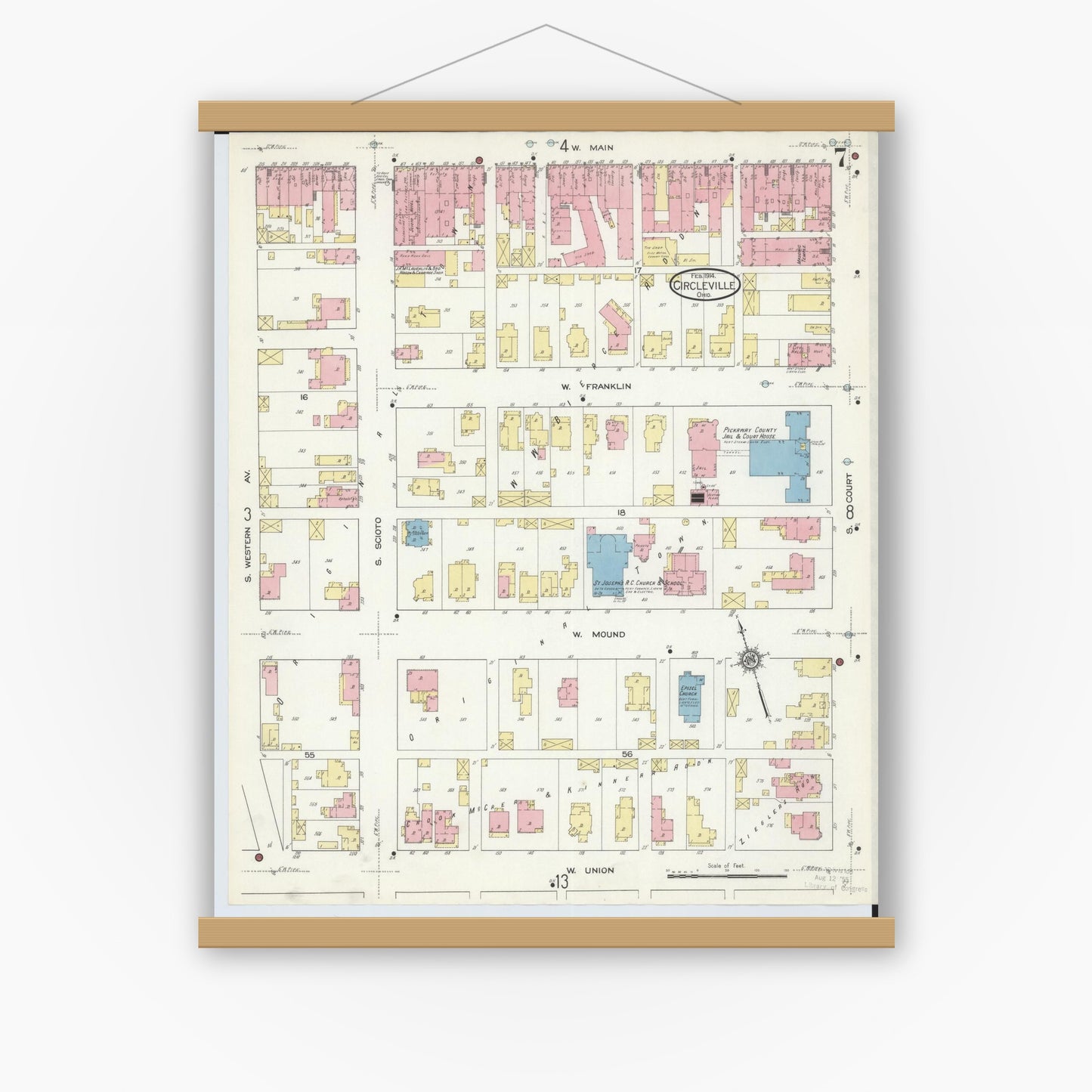 Old map wall art mockup — magnetic wood frame on white wall — Sanborn Fire Insurance Map from Circleville, Pickaway County, Ohio (1914), Sheet #0007