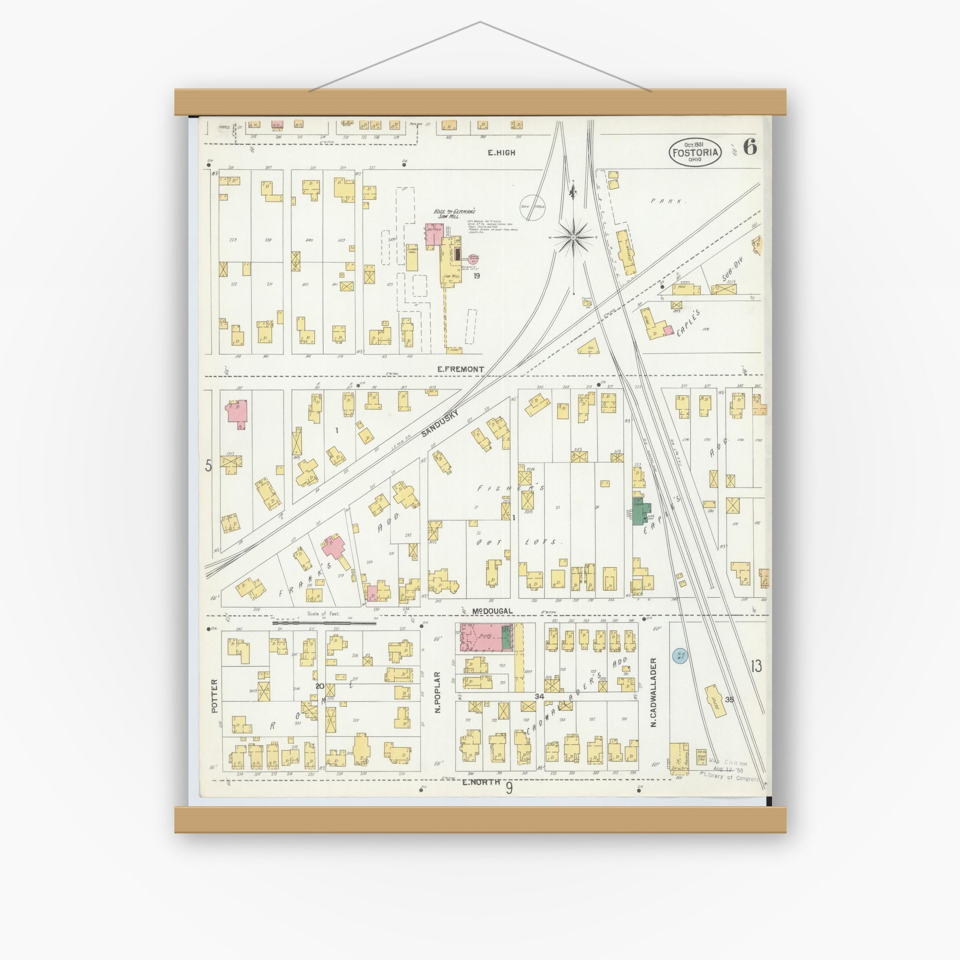 Old map wall art mockup — magnetic wood frame on white wall — Sanborn Fire Insurance Map from Fostoria, Seneca, Hancock, And Wood Counties, Ohio (1901), Sheet #0006
