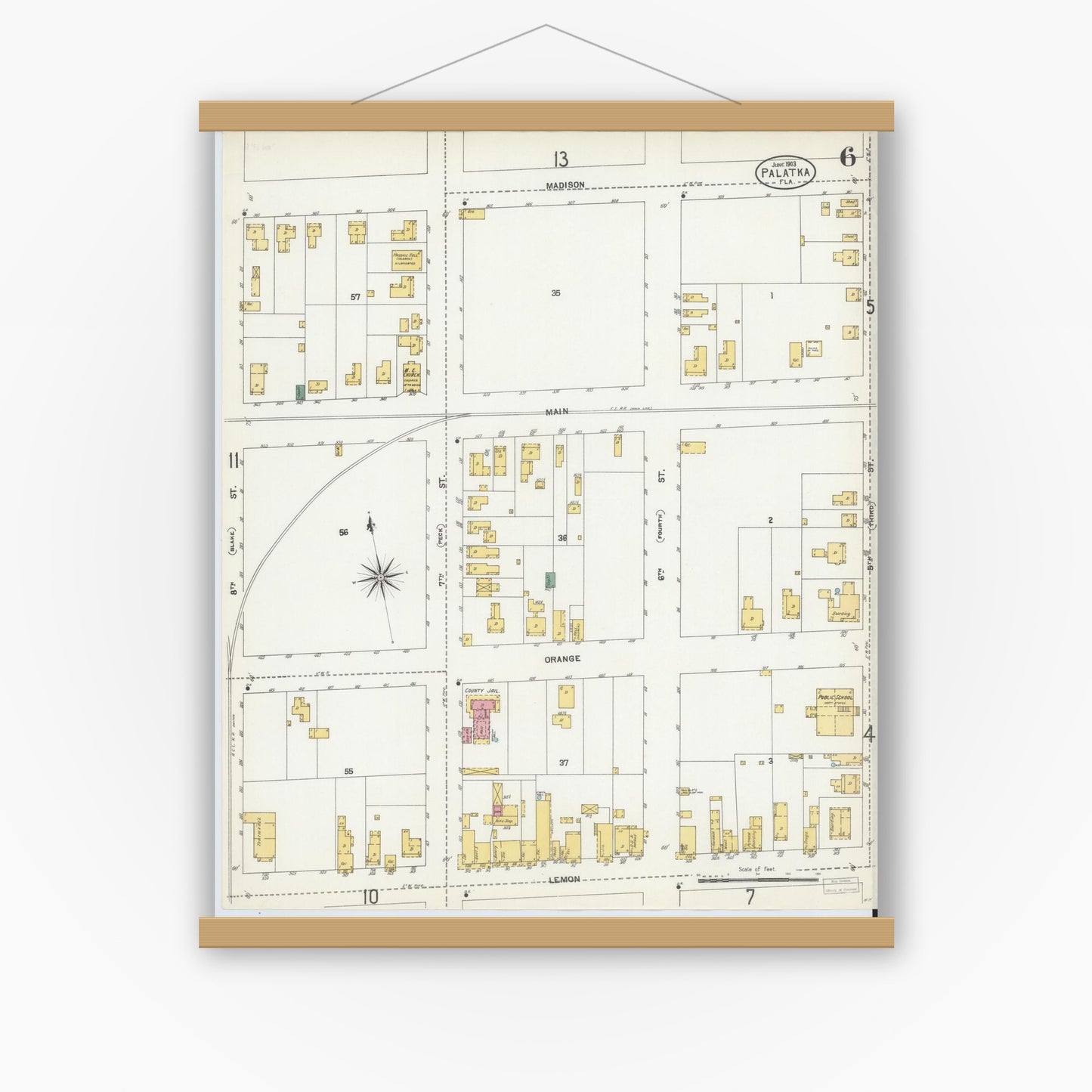 Old map wall art mockup — magnetic wood frame on white wall — Sanborn Fire Insurance Map from Palatka, Putnam County, Florida (1903), Sheet #0006