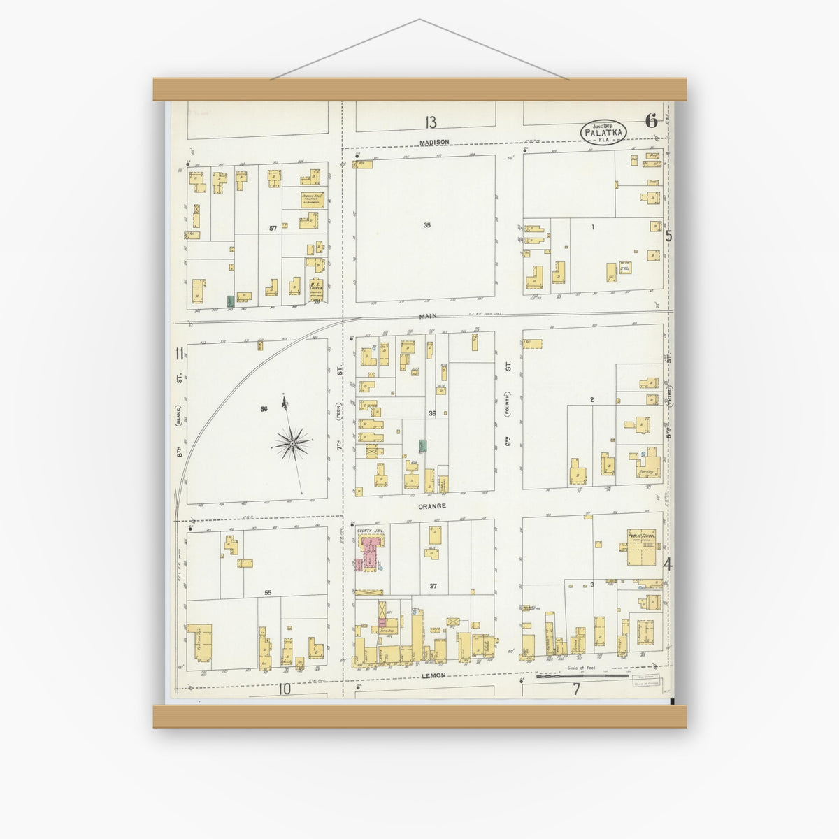 Old map wall art mockup — magnetic wood frame on white wall — Sanborn Fire Insurance Map from Palatka, Putnam County, Florida (1903), Sheet #0006