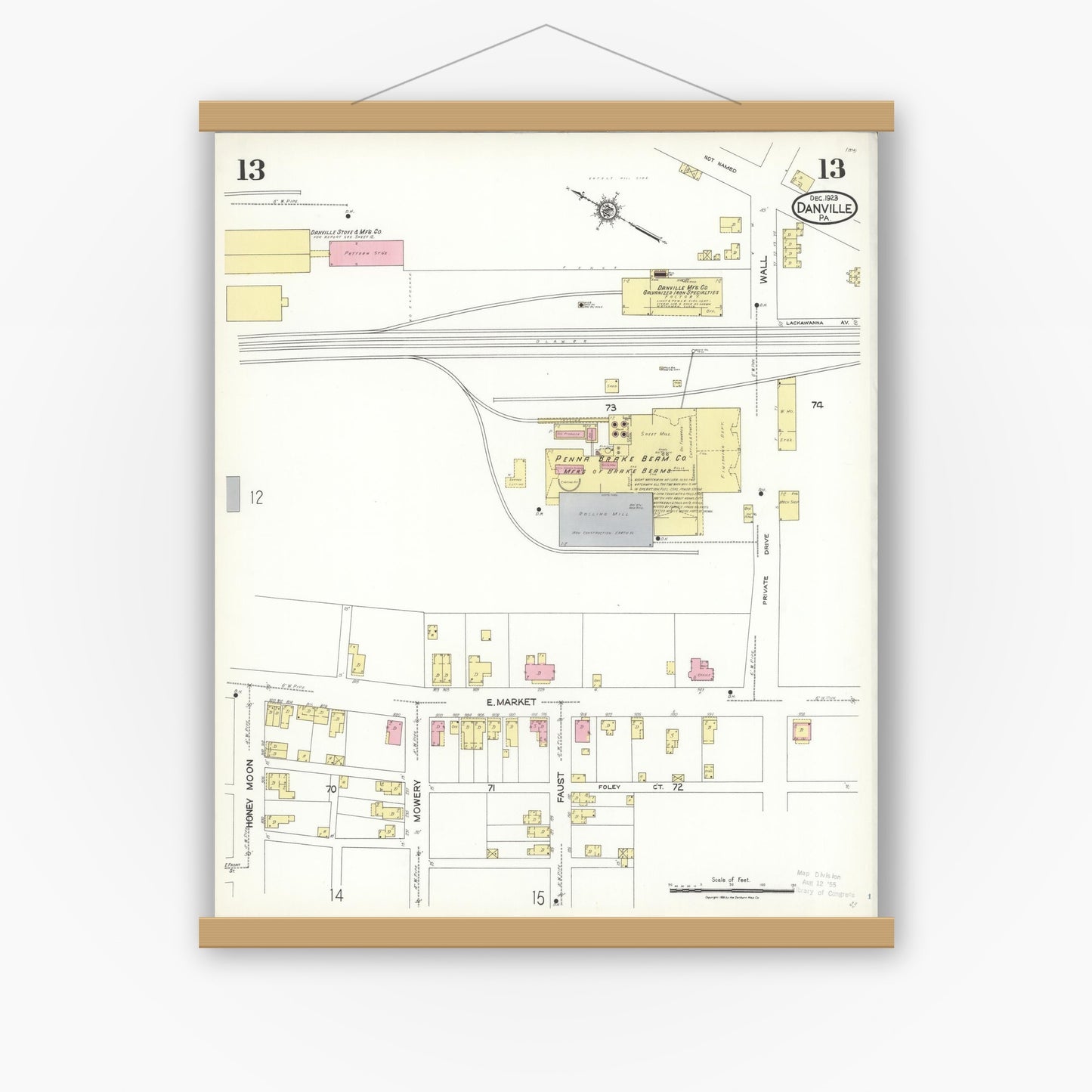 Old map wall art mockup — magnetic wood frame on white wall — Sanborn Fire Insurance Map from Danville, Montour County, Pennsylvania (1923), Sheet #0013