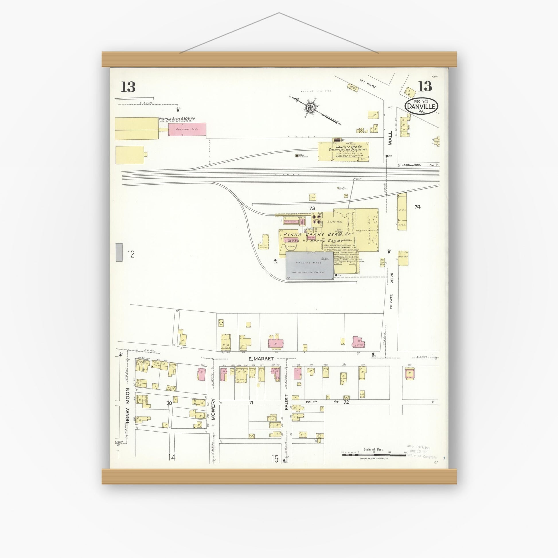 Old map wall art mockup — magnetic wood frame on white wall — Sanborn Fire Insurance Map from Danville, Montour County, Pennsylvania (1923), Sheet #0013
