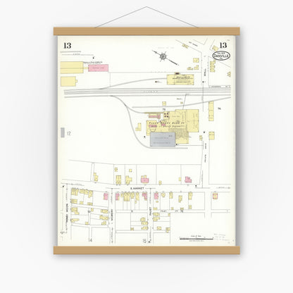 Old map wall art mockup — magnetic wood frame on white wall — Sanborn Fire Insurance Map from Danville, Montour County, Pennsylvania (1923), Sheet #0013