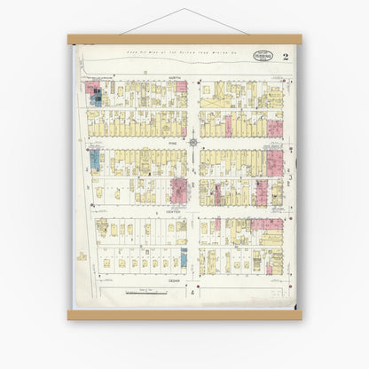 Old map wall art mockup — magnetic wood frame on white wall — Sanborn Fire Insurance Map from Hibbing, Saint Louis County, Minnesota (1913), Sheet #0002