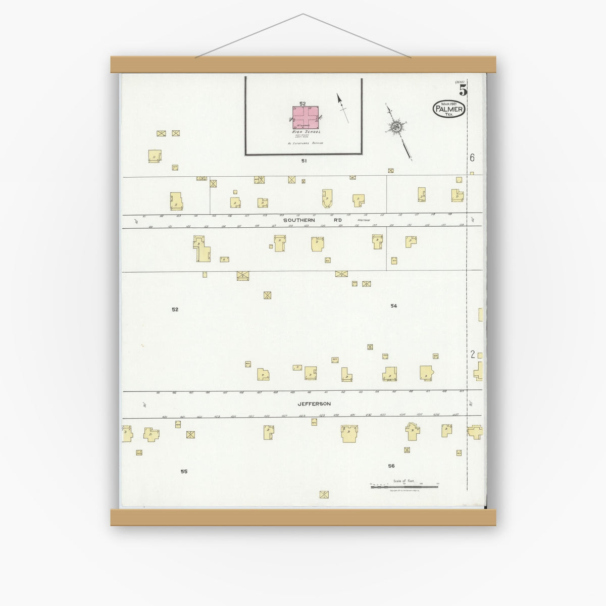 Old map wall art mockup — magnetic wood frame on white wall — Sanborn Fire Insurance Map from Palmer, Ellis County, Texas (1921), Sheet #0005