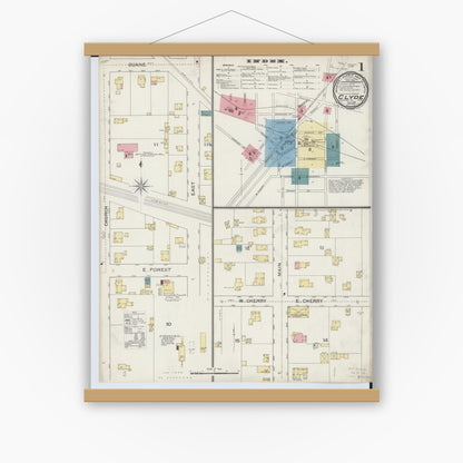 Old map wall art mockup — magnetic wood frame on white wall — Sanborn Fire Insurance Map from Clyde, Sandusky County, Ohio (1893), Sheet #0001
