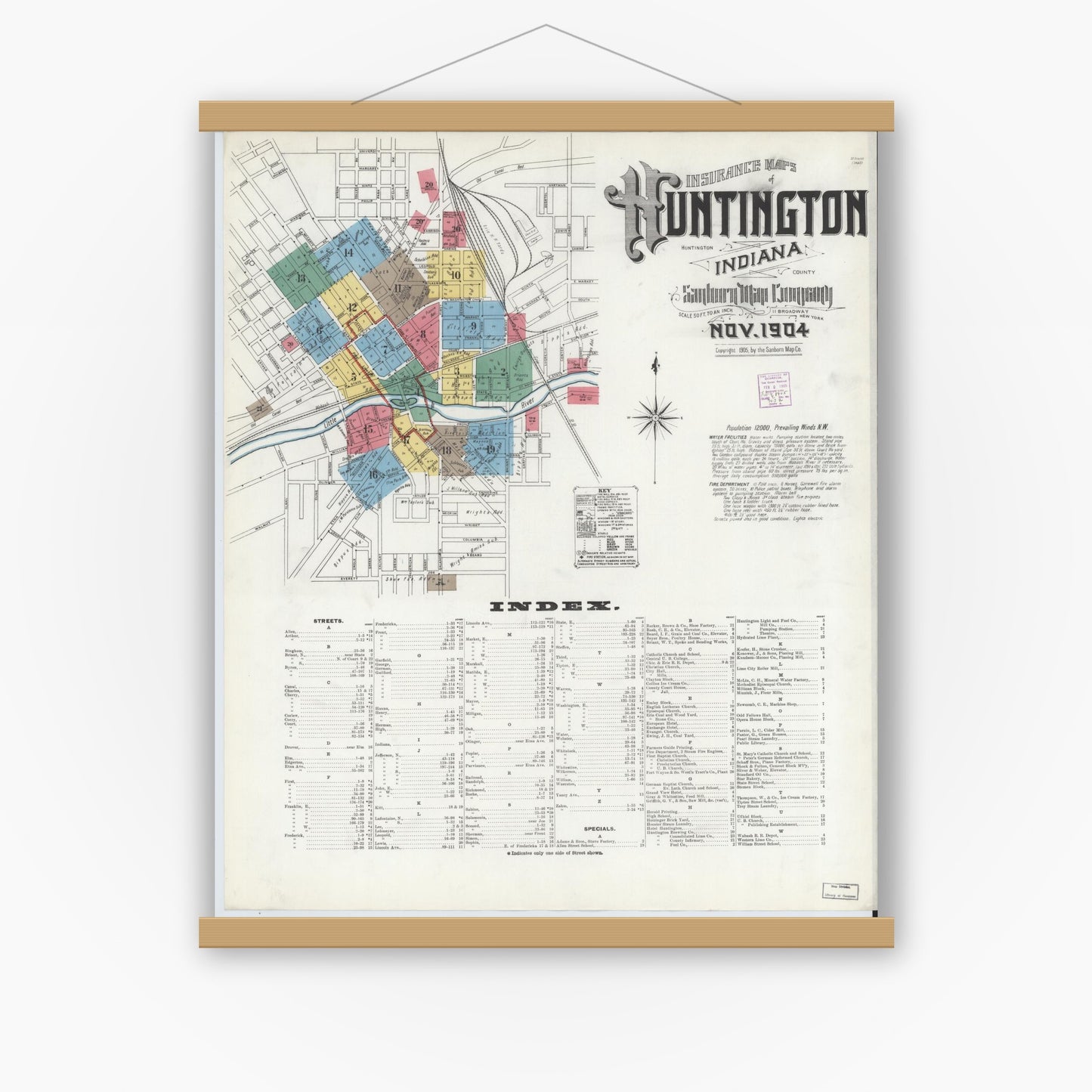 Old map wall art mockup — magnetic wood frame on white wall — Sanborn Fire Insurance Map from Huntington, Huntington County, Indiana (1904), Sheet #0001