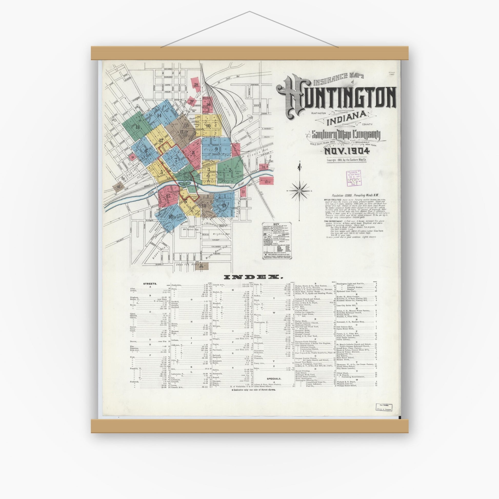 Old map wall art mockup — magnetic wood frame on white wall — Sanborn Fire Insurance Map from Huntington, Huntington County, Indiana (1904), Sheet #0001
