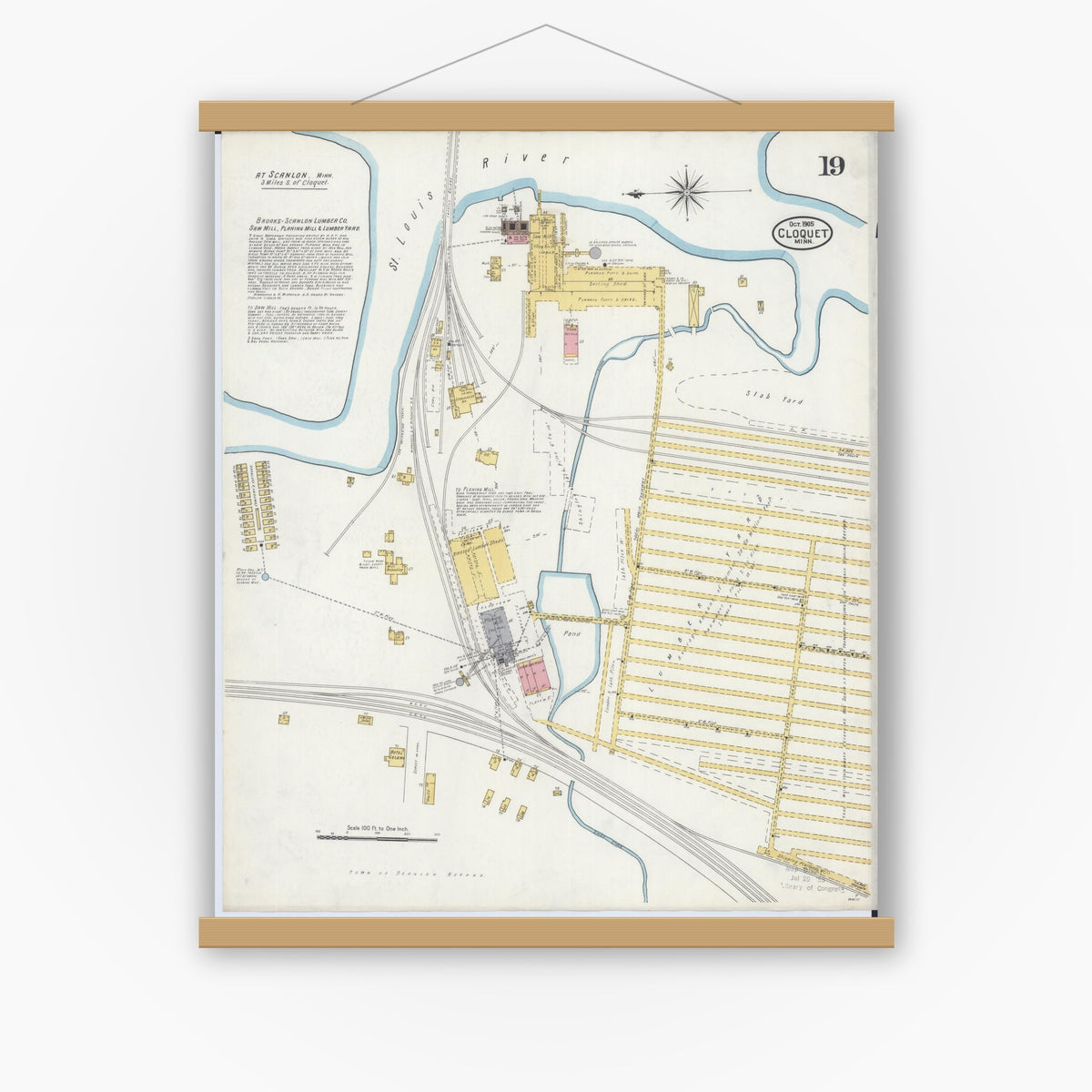 Old map wall art mockup — magnetic wood frame on white wall — Sanborn Fire Insurance Map from Cloquet, Carlton County, Minnesota (1905), Sheet #0019