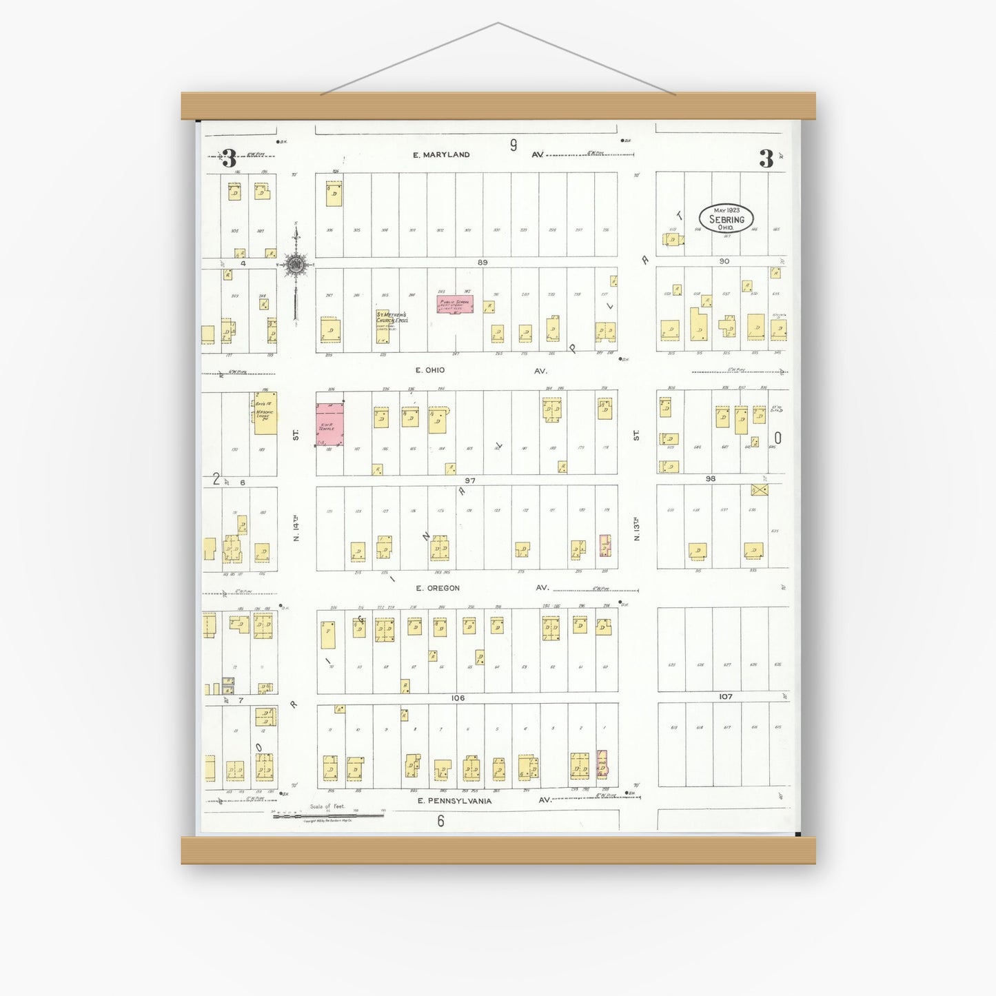 Old map wall art mockup — magnetic wood frame on white wall — Sanborn Fire Insurance Map from Sebring, Mahoning County, Ohio (1923), Sheet #0003
