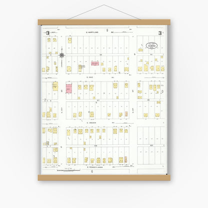 Old map wall art mockup — magnetic wood frame on white wall — Sanborn Fire Insurance Map from Sebring, Mahoning County, Ohio (1923), Sheet #0003