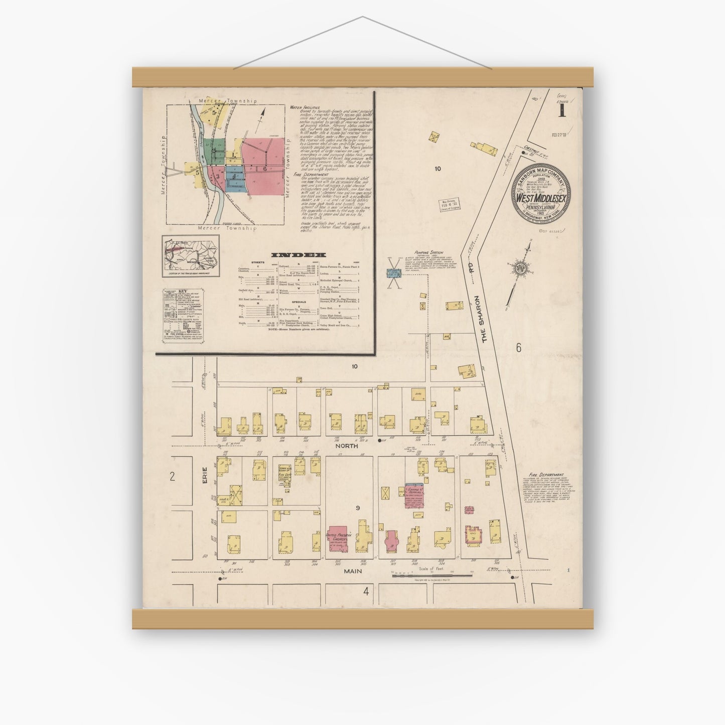 Old map wall art mockup — magnetic wood frame on white wall — Sanborn Fire Insurance Map from West Middlesex, Mercer County, Pennsylvania (1921) - Complete Map Set