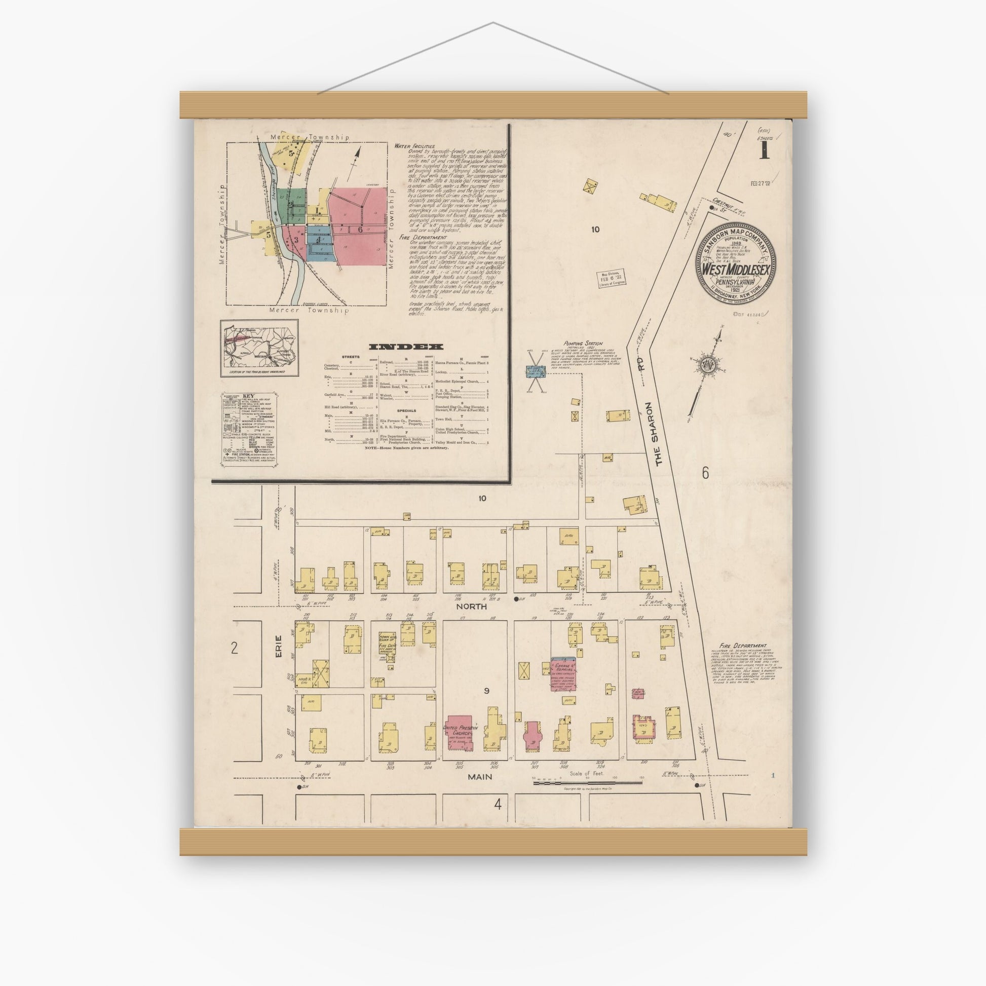 Old map wall art mockup — magnetic wood frame on white wall — Sanborn Fire Insurance Map from West Middlesex, Mercer County, Pennsylvania (1921) - Complete Map Set