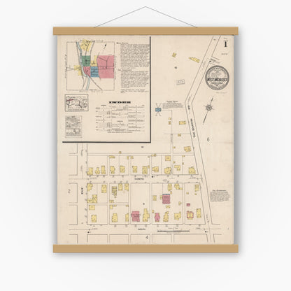 Old map wall art mockup — magnetic wood frame on white wall — Sanborn Fire Insurance Map from West Middlesex, Mercer County, Pennsylvania (1921) - Complete Map Set