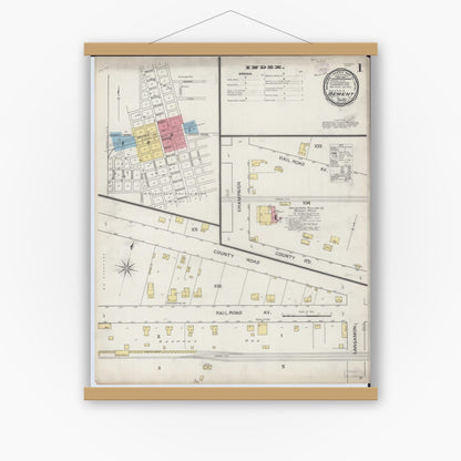 Old map wall art mockup — magnetic wood frame on white wall — Sanborn Fire Insurance Map from Bement, Piatt County, Illinois (1893) - Complete Map Set