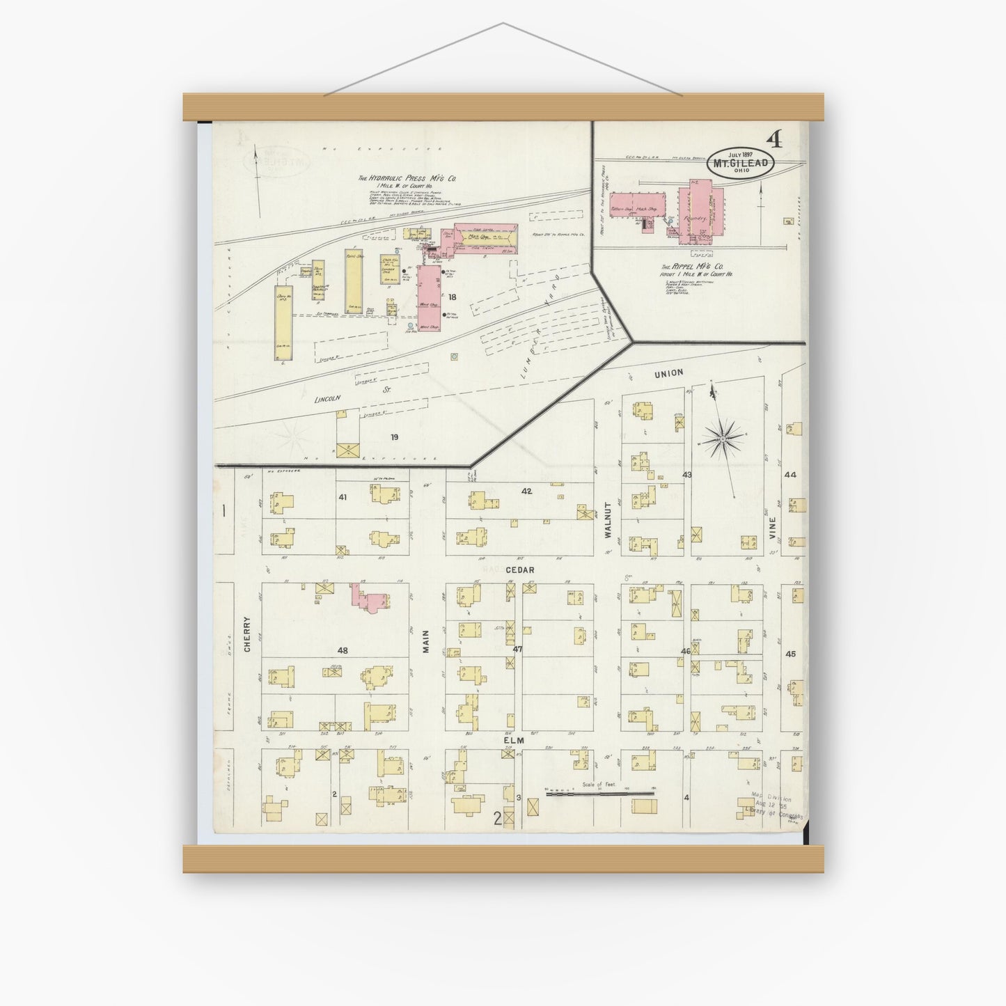 Old map wall art mockup — magnetic wood frame on white wall — Sanborn Fire Insurance Map from Mount Gilead, Morrow County, Ohio (1897), Sheet #0004