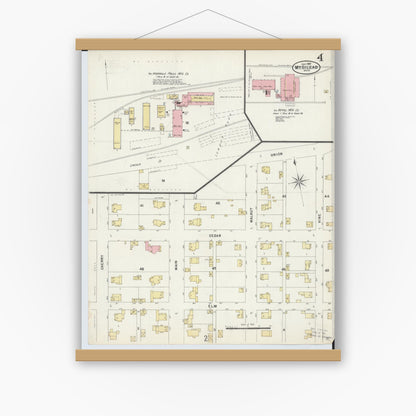 Old map wall art mockup — magnetic wood frame on white wall — Sanborn Fire Insurance Map from Mount Gilead, Morrow County, Ohio (1897), Sheet #0004