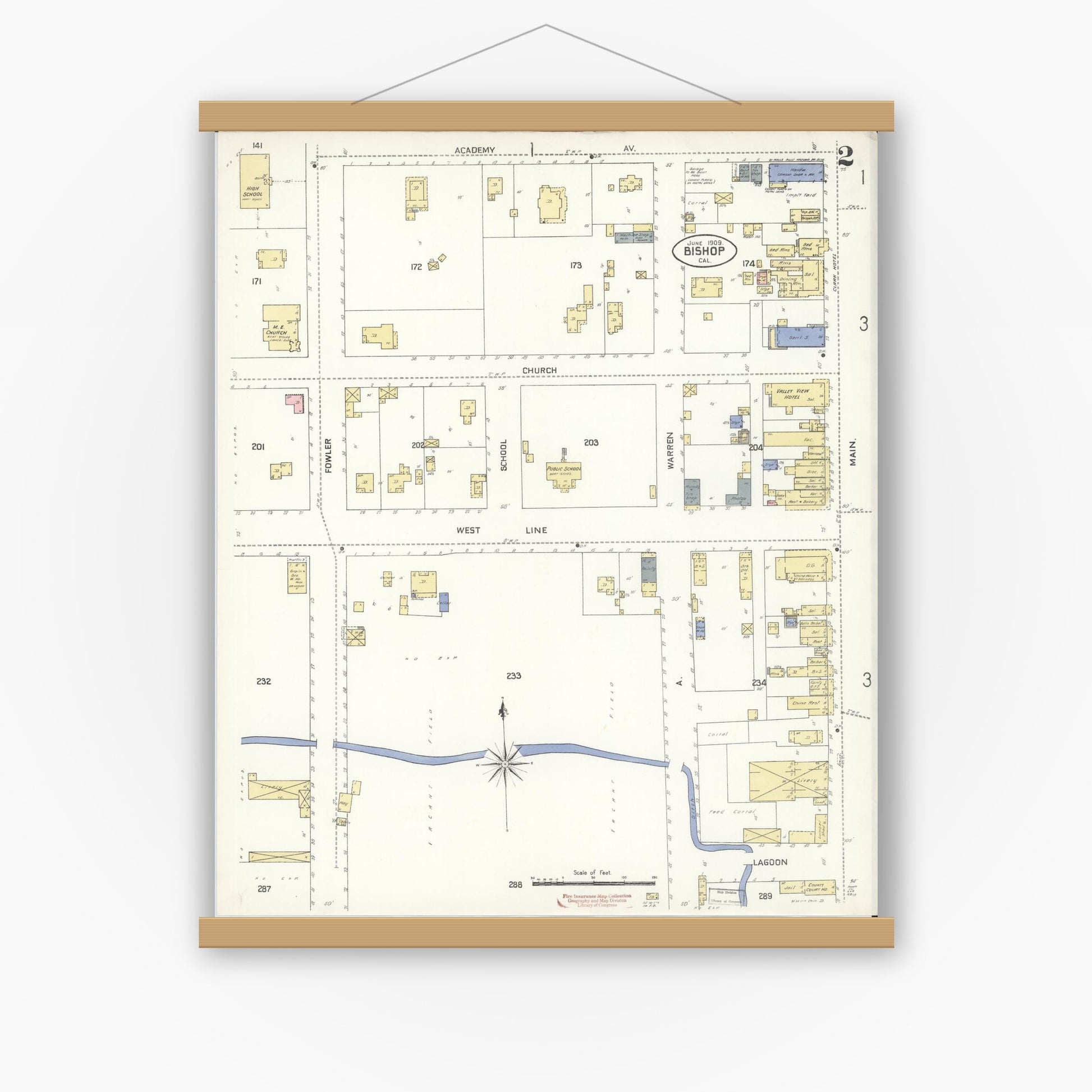 Old map wall art mockup — magnetic wood frame on white wall — Sanborn Fire Insurance Map from Bishop, Inyo County, California (1909), Sheet #0002