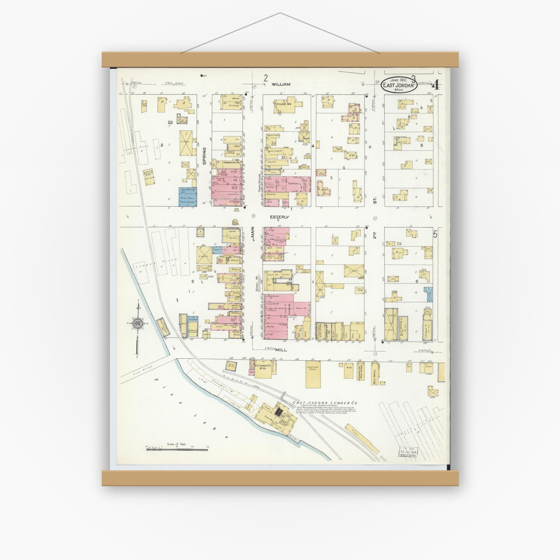 Old map wall art mockup — magnetic wood frame on white wall — Sanborn Fire Insurance Map from East Jordan, Charlevoix County, Michigan (1912), Sheet #0004