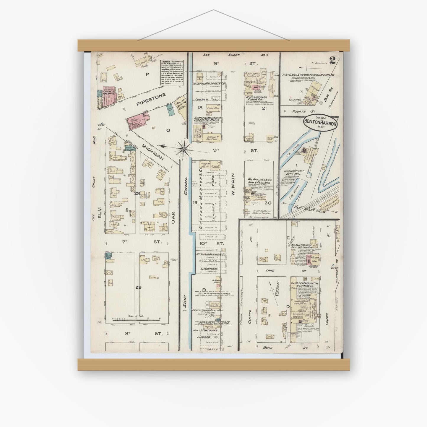 Old map wall art mockup — magnetic wood frame on white wall — Sanborn Fire Insurance Map from Benton Harbor, Berrien County, Michigan (1884), Sheet #0002