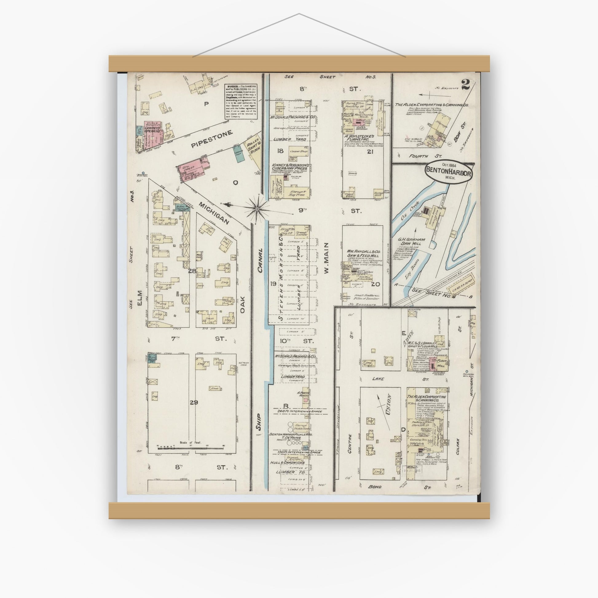 Old map wall art mockup — magnetic wood frame on white wall — Sanborn Fire Insurance Map from Benton Harbor, Berrien County, Michigan (1884), Sheet #0002
