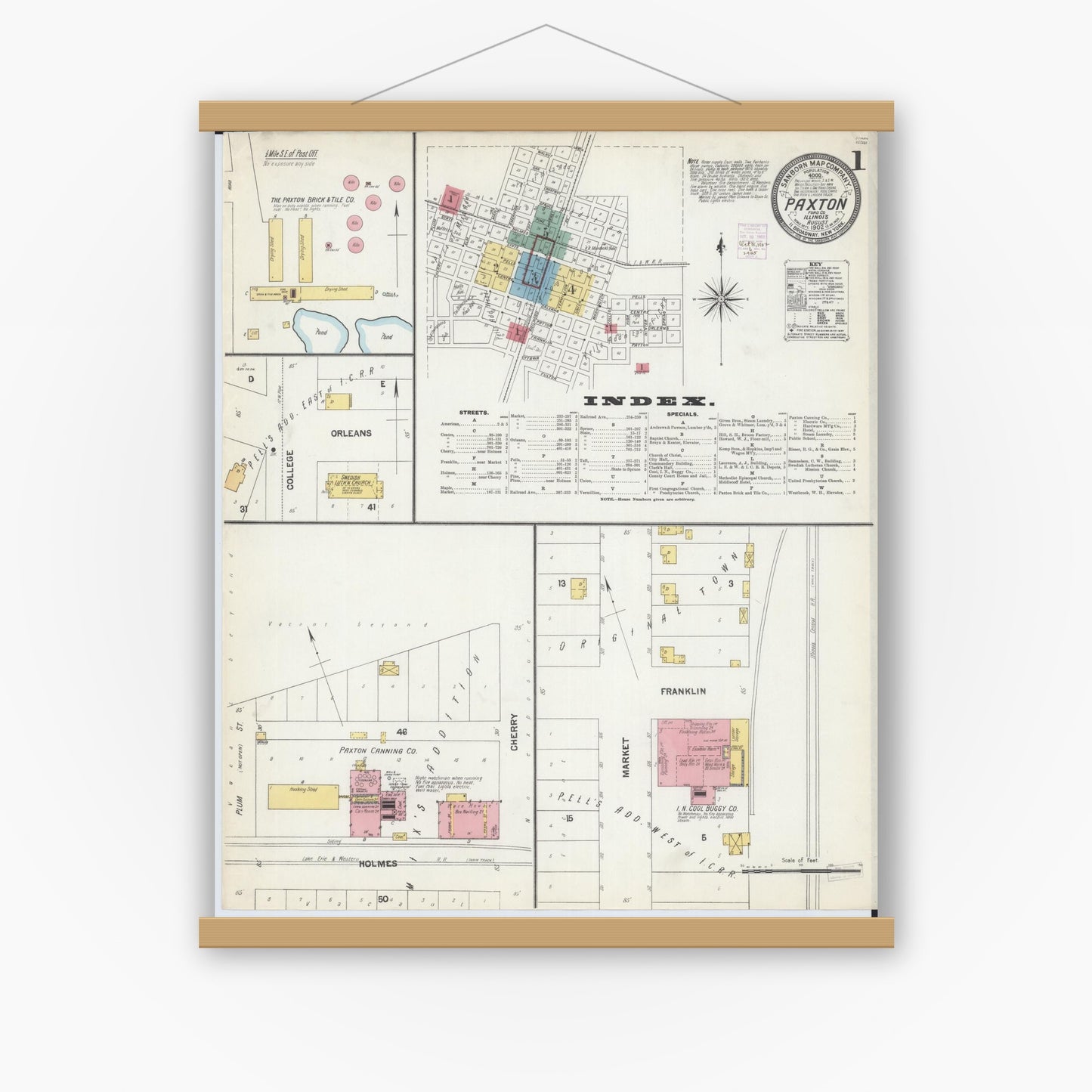 Old map wall art mockup — magnetic wood frame on white wall — Sanborn Fire Insurance Map from Paxton, Ford County, Illinois (1902) - Complete Map Set