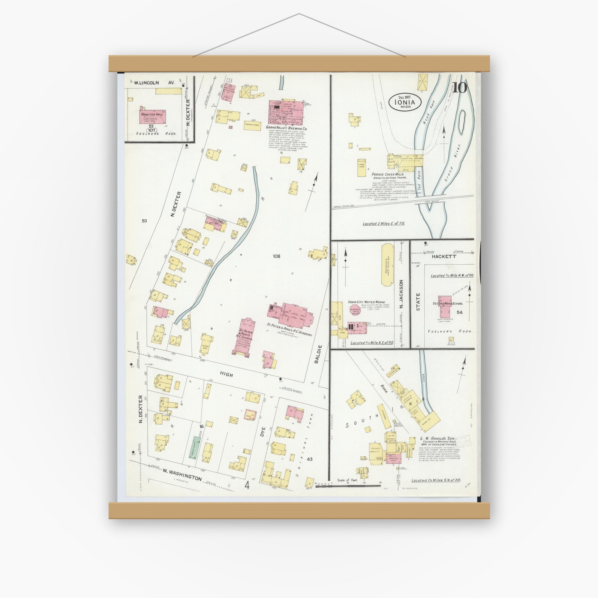Old map wall art mockup — magnetic wood frame on white wall — Sanborn Fire Insurance Map from Ionia, Ionia County, Michigan (1907), Sheet #0010
