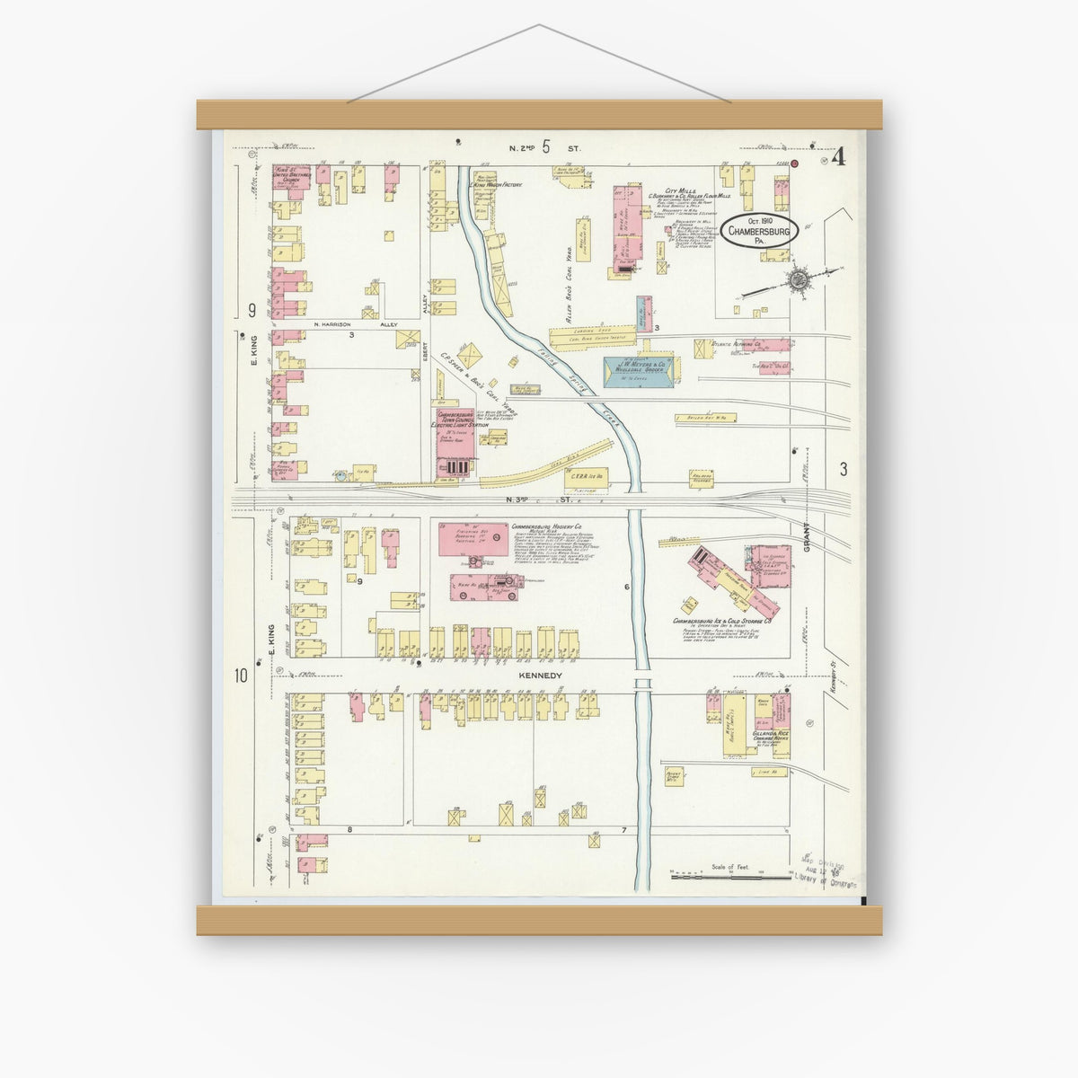 Old map wall art mockup — magnetic wood frame on white wall — Sanborn Fire Insurance Map from Chambersburg, Franklin County, Pennsylvania (1910), Sheet #0004