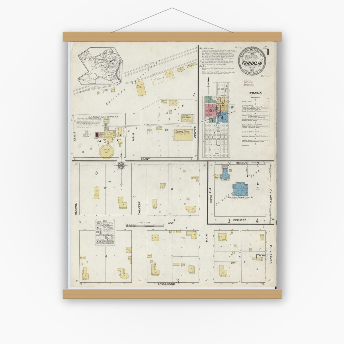Old map wall art mockup — magnetic wood frame on white wall — Sanborn Fire Insurance Map from Franklin, Robertson County, Texas (1916) - Complete Map Set