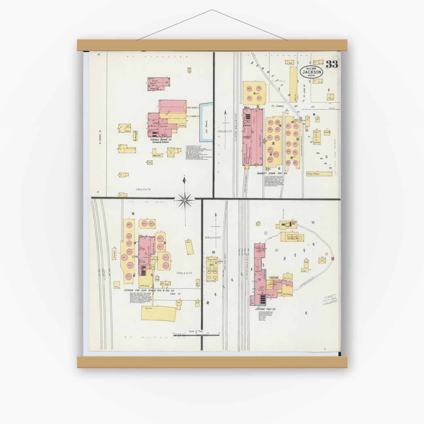 Old map wall art mockup — magnetic wood frame on white wall — Sanborn Fire Insurance Map from Jackson, Jackson County, Michigan (1899), Sheet #0033