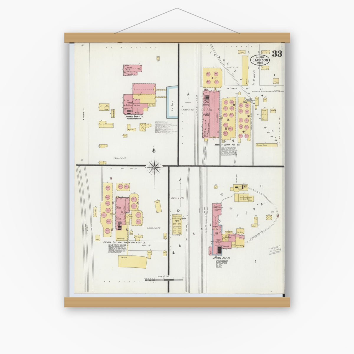 Old map wall art mockup — magnetic wood frame on white wall — Sanborn Fire Insurance Map from Jackson, Jackson County, Michigan (1899), Sheet #0033