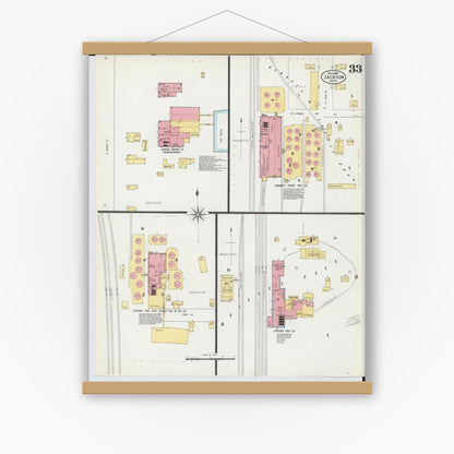 Old map wall art mockup — magnetic wood frame on white wall — Sanborn Fire Insurance Map from Jackson, Jackson County, Michigan (1899), Sheet #0033