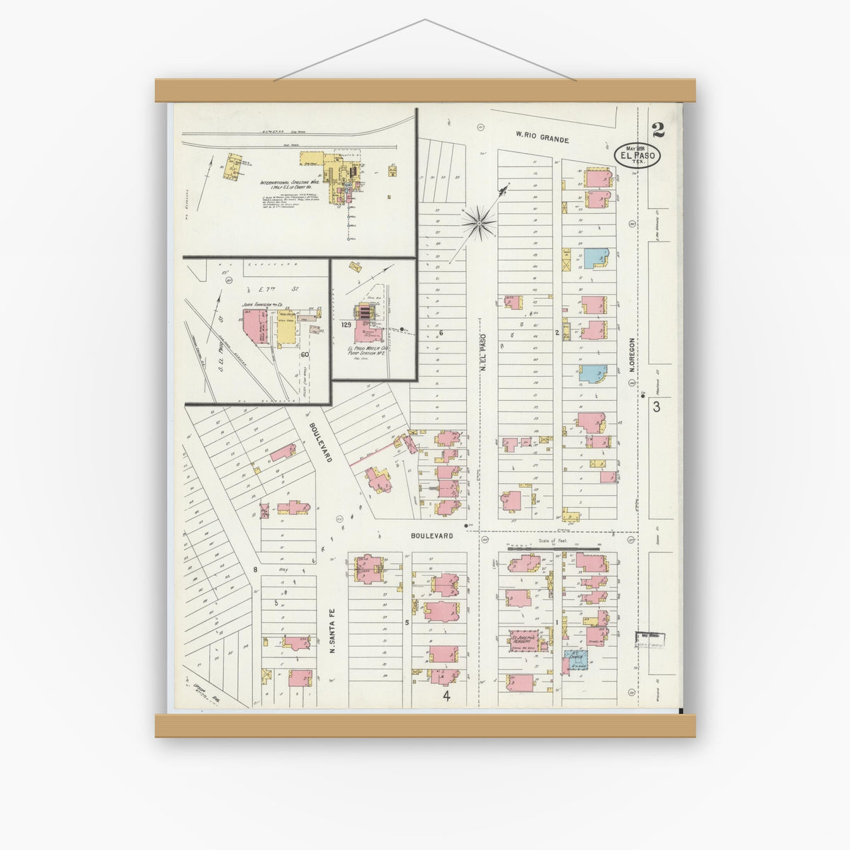 Old map wall art mockup — magnetic wood frame on white wall — Sanborn Fire Insurance Map from El Paso, El Paso County, Texas (1898), Sheet #0002