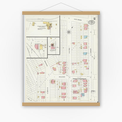 Old map wall art mockup — magnetic wood frame on white wall — Sanborn Fire Insurance Map from El Paso, El Paso County, Texas (1898), Sheet #0002