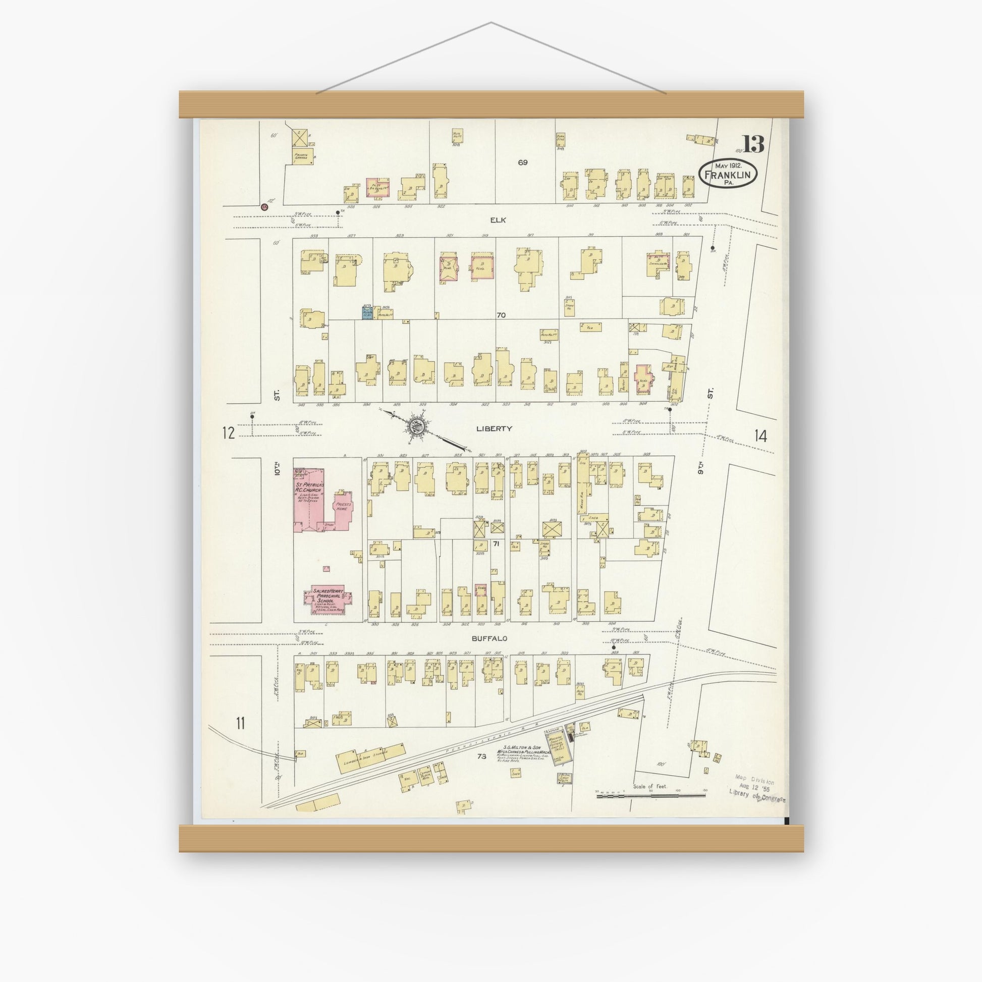 Old map wall art mockup — magnetic wood frame on white wall — Sanborn Fire Insurance Map from Franklin, Venango County, Pennsylvania (1912), Sheet #0013