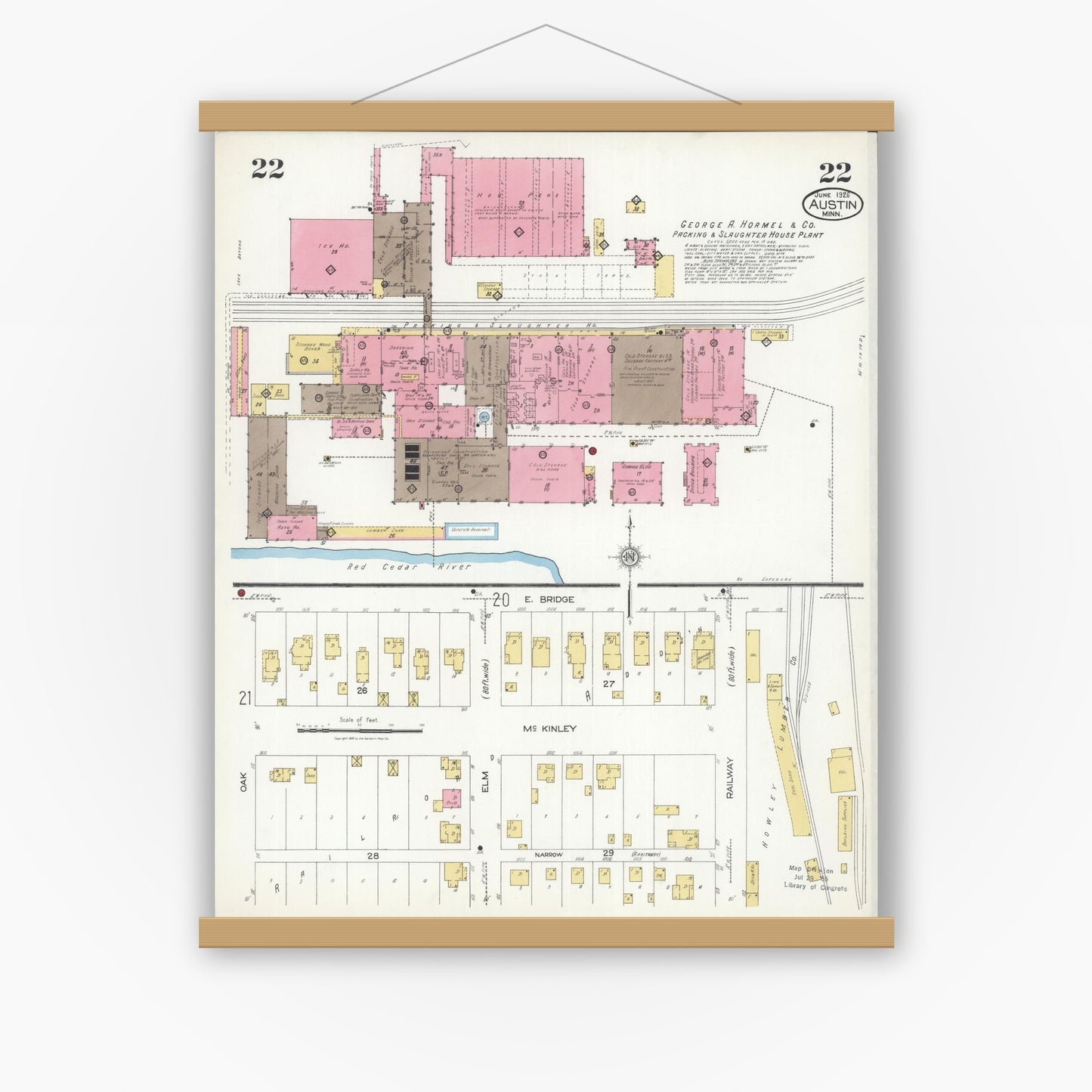 Old map wall art mockup — magnetic wood frame on white wall — Sanborn Fire Insurance Map from Austin, Mower County, Minnesota (1926), Sheet #0022