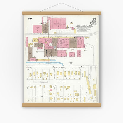Old map wall art mockup — magnetic wood frame on white wall — Sanborn Fire Insurance Map from Austin, Mower County, Minnesota (1926), Sheet #0022