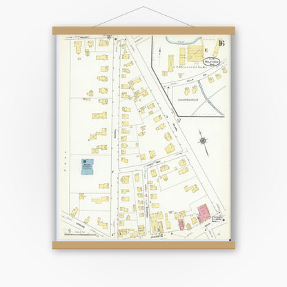 Old map wall art mockup — magnetic wood frame on white wall — Sanborn Fire Insurance Map from Milford, Worcester County, Massachusetts (1910), Sheet #0016