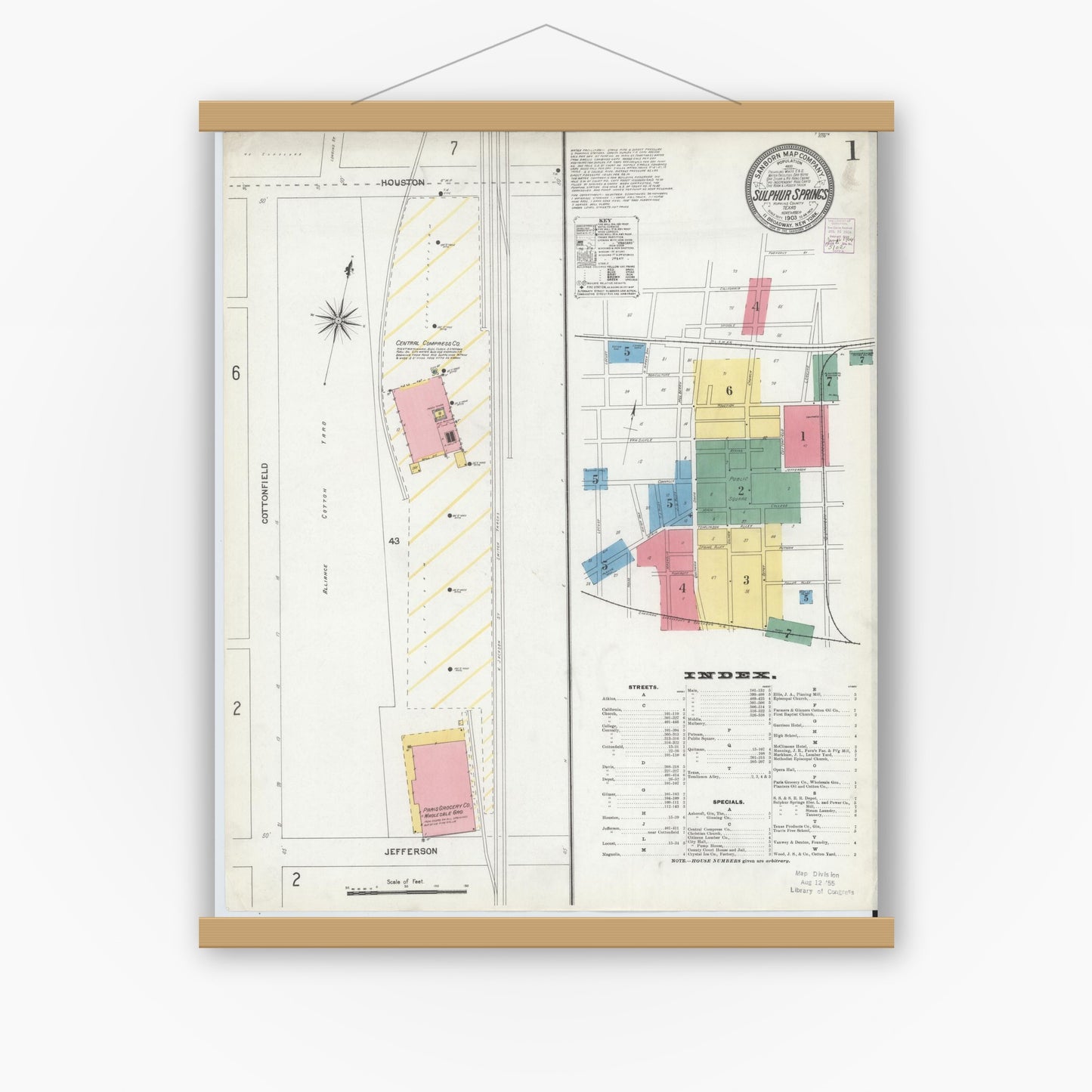 Old map wall art mockup — magnetic wood frame on white wall — Sanborn Fire Insurance Map from Sulphur Springs, Hopkins County, Texas (1903), Sheet #0001