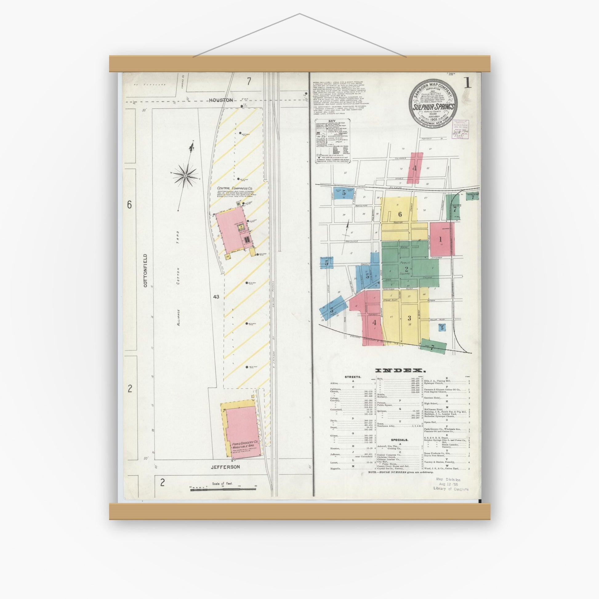 Old map wall art mockup — magnetic wood frame on white wall — Sanborn Fire Insurance Map from Sulphur Springs, Hopkins County, Texas (1903), Sheet #0001