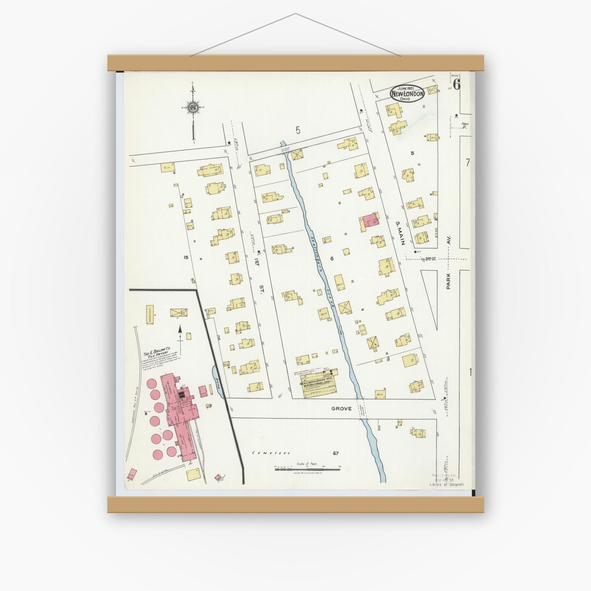 Old map wall art mockup — magnetic wood frame on white wall — Sanborn Fire Insurance Map from New London, Huron County, Ohio (1921), Sheet #0006