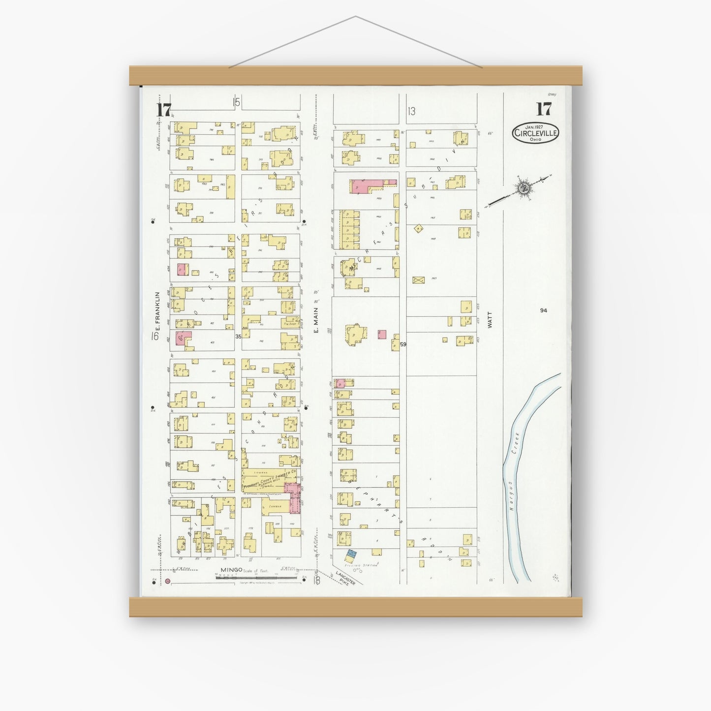 Old map wall art mockup — magnetic wood frame on white wall — Sanborn Fire Insurance Map from Circleville, Pickaway County, Ohio (1927), Sheet #0017