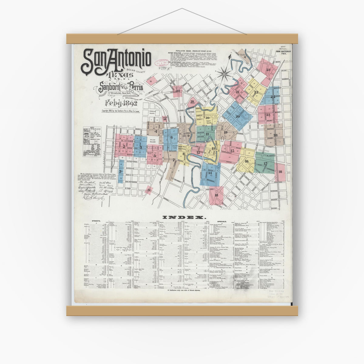 Old map wall art mockup — magnetic wood frame on white wall — Sanborn Fire Insurance Map from San Antonio, Bexar County, Texas (1892) - Complete Map Set